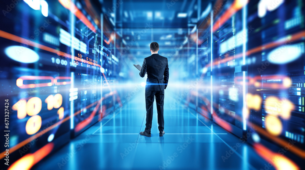 Aufkleber man rear view in data center office room with computers, research hologram. ai generative