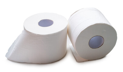 two rolls of white tissue paper or napkin for use in toilet or restroom isolated on white background with clipping path