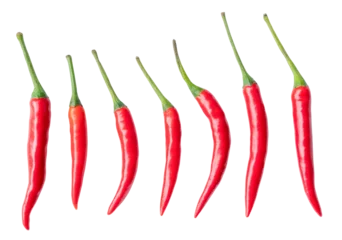Fotobehang Top view set of fresh red chili or pepers isolated on white background with clipping path in png file format. Hot spices © nathamag11