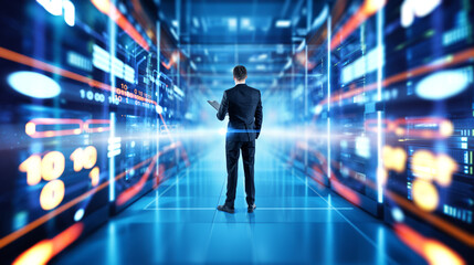 Man rear view in data center office room with computers, research hologram. Ai generative