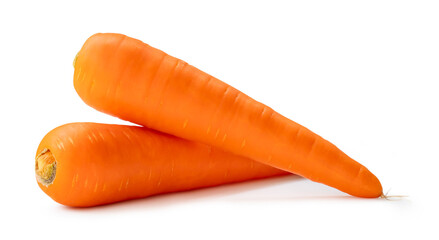 Two fresh orange carrots isolated on white background with clipping path, Close up of healthy vegetable root with full focus
