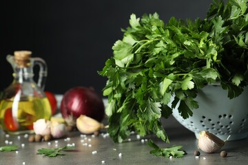 Fresh parsley, spices and other products on grey table, closeup