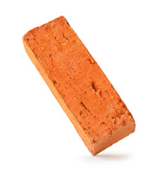 Single cracked old red or orange brick isolated on white background with clipping path and shadow in png file format