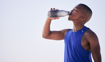 Fitness, black man and drinking water outdoor for training, running and morning cardio on mockup...