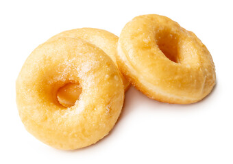 Top view of three delicious Cinnamon Sugar Mini Donuts in stack isolated on white background with clipping path