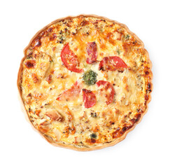 Tasty quiche with cheese and tomatoes isolated on white, top view