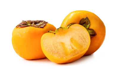 Orange ripe persimmons with half in stack isolated on white background with clipping path and shadow in png file format