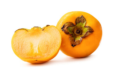 Fresh orange ripe persimmon with half isolated on white background with clipping path and shadow in png file format