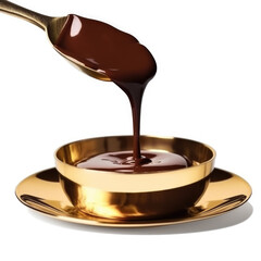 Advertising image, close-up of chocolate sauce being poured onto a gold plate on a white background, isolated