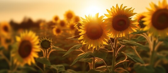 Sunflower field at sunset. Beautiful sunflower field