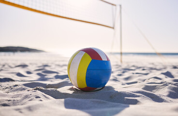 Beach, volleyball and sand with background of ocean and sea with exercise, sport and fitness...