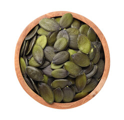 Wooden bowl with pumpkin seeds isolated on white, top view