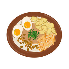 Indonesian chicken porridge with boiled egg and nuts (bubur ayam)