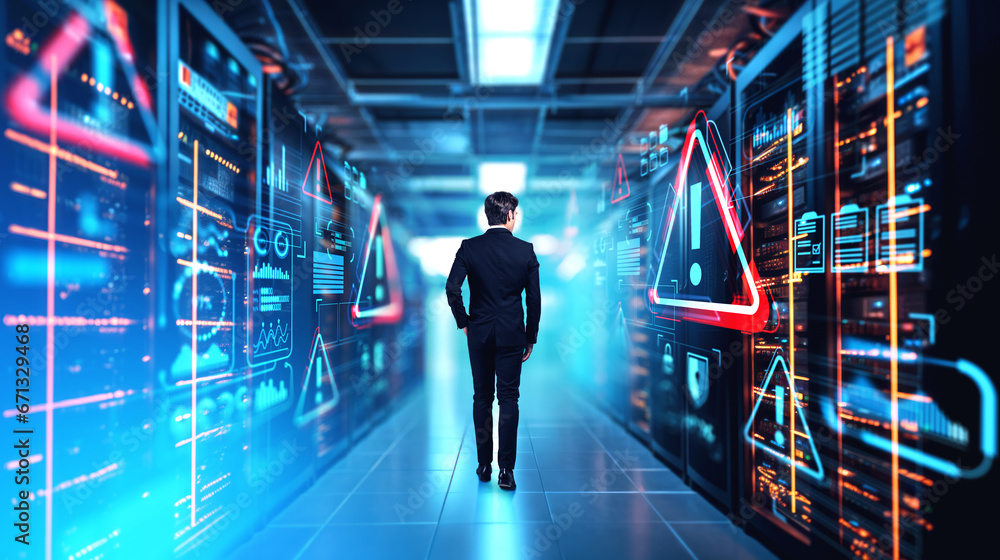 Poster businessman walking in data center server with computers, privacy and protection. ai generative