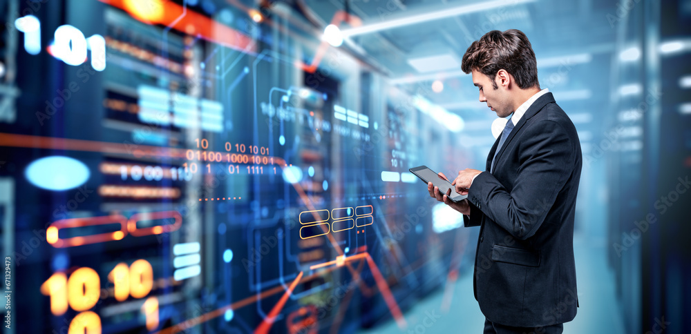 Poster man with smartphone in data center server with computers in corridor. ai generative