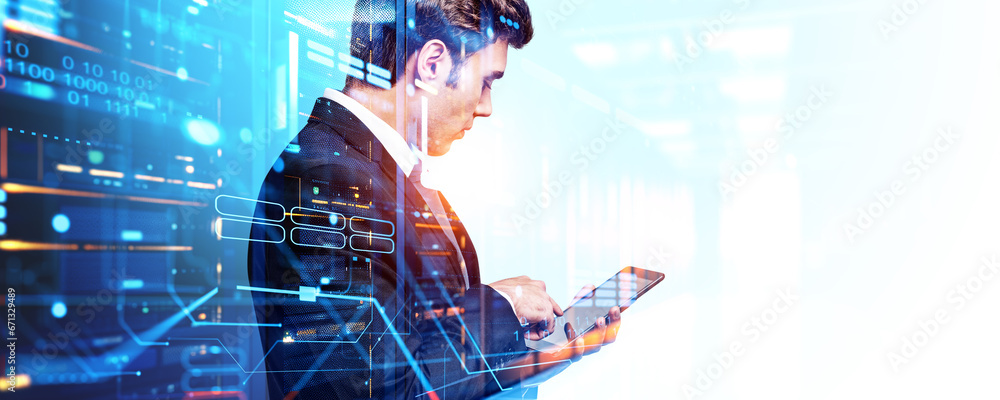 Poster businessman using phone in data center cloud storage, it analyst. ai generative