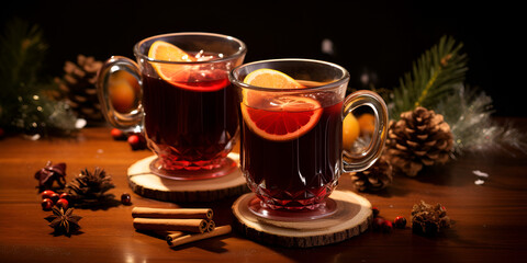 Two cups of mulled wine on rustic wooden table Warming drinks cups filled with hot red wine cocktail with spices orange slice cinnamon stick and anise star on wooden table  Generative Ai