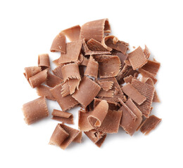 Pile of tasty chocolate shavings isolated on white, top view