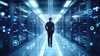 Fototapeta na wymiar Man server engineer walking in data center room with computers, network hologram. Ai generative