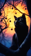 black kitty cat kitten sitting tree looking sky background halloween sleek metal ears magic hour avatar moons hunt auburn pet hunter - obrazy, fototapety, plakaty