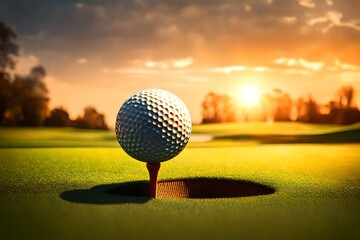 Golf ball on tee in the background of a sunny sunset course - obrazy, fototapety, plakaty
