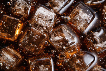 Close-up shot of Soda bubbles in a cola with ice in glass