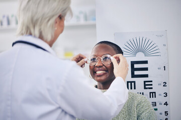 Eye exam, glasses and vision, doctor and patient with women in optometry clinic, health insurance...