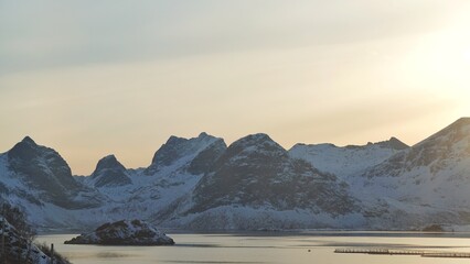 Beautiful snow mountain during sunset at Lofoten, Norway, Europe.