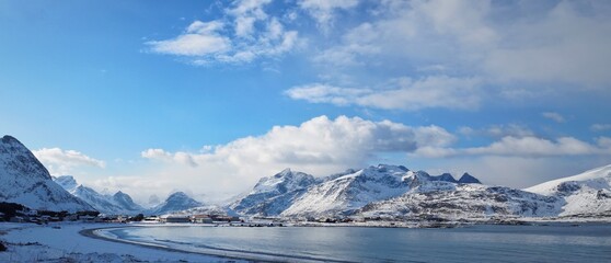 Fototapeta na wymiar Beautiful snow mountain during winter season at Lofoten, Norway, Europe.