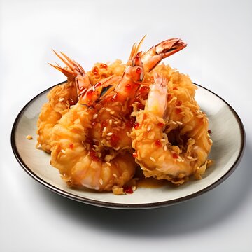fried shrimp on a white plate, Fried shrimps with sauce, crispy golden shrimps, chinese food. 
