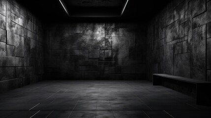 a dark room with a concrete floor and a bench