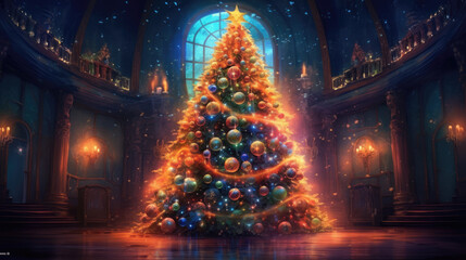 A beautiful representation of holiday spirit with a decorated Christmas tree. - obrazy, fototapety, plakaty