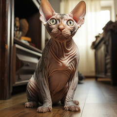 So cute, A very fat Sphynx-cat, standing with a cute and funny expression, at home, real shot