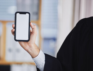 Hand, phone screen and person with online communication, networking or contact us on social media mockup. Mobile app, ui and chroma key for website, information or marketing space on cellphone