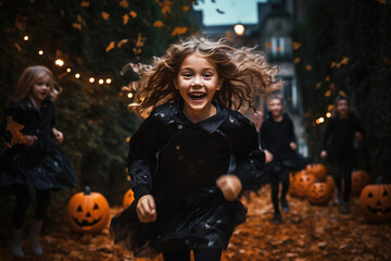 Halloween night. Happy children running on street