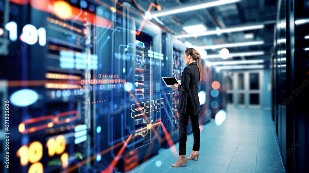 Poster woman with laptop in data center cloud storage with computers in corridor. ai generative