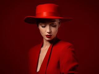Beauty, fashion and a model woman on red background in studio for elegant or trendy style. Aesthetic, art and confident with an edgy or classy young female person eyes closed in a unique clothes suit