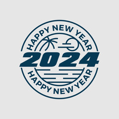happy new year 2024 line art with beach vector illustration