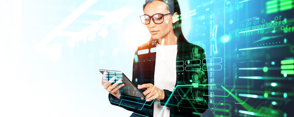 Businesswoman using tablet, data center cloud storage with binary. Ai generative