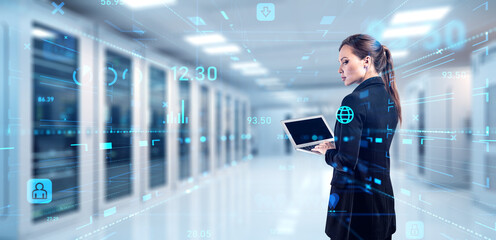 Woman using laptop, data center room with computers and digital research hologram. Ai generative