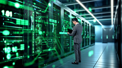 IT specialist in data center cloud storage with computers in office hall. Ai generative