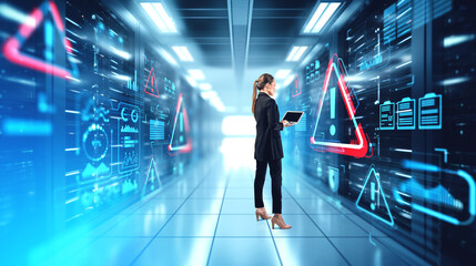 Businesswoman with laptop in data center server with computers, security. Ai generative