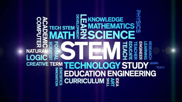 STEM animated tag word cloud;text design animation kinetic typography seamless loop.