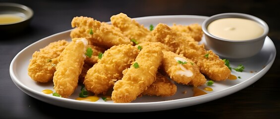 Fried chicken nuggets with sauce, chicken fingers and sauce - obrazy, fototapety, plakaty