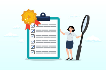 Businesswoman hold magnifying glass with standard QC badge document, standard, quality control or certified approval, corporate policy or compliance, guarantee checklist document, assurance (Vector)