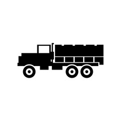 Military Half-Ton Truck or Heavy Cargo Truck in black fill silhouette icon. Vector illustration of war design element in trendy style. Editable graphic resources for many purposes.