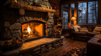 古き良き暖炉があるあたたかみのある部屋、肘掛け椅子やランプがある