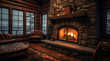 古き良き暖炉があるあたたかみのある部屋、肘掛け椅子や大きな窓がある