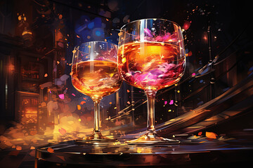 New Year party cocktails festive background. Watercolor style wall art