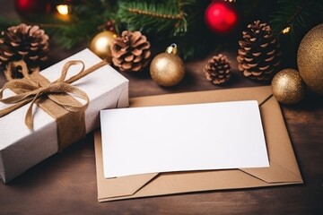 Christmas greeting card in Christmas elements background. AI generative